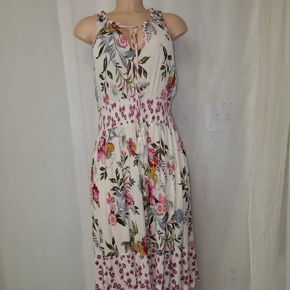 Bila Floral Midi Dress with Pink and Green Accents.summer Breeze Boho Sz L - Picture 1 of 16